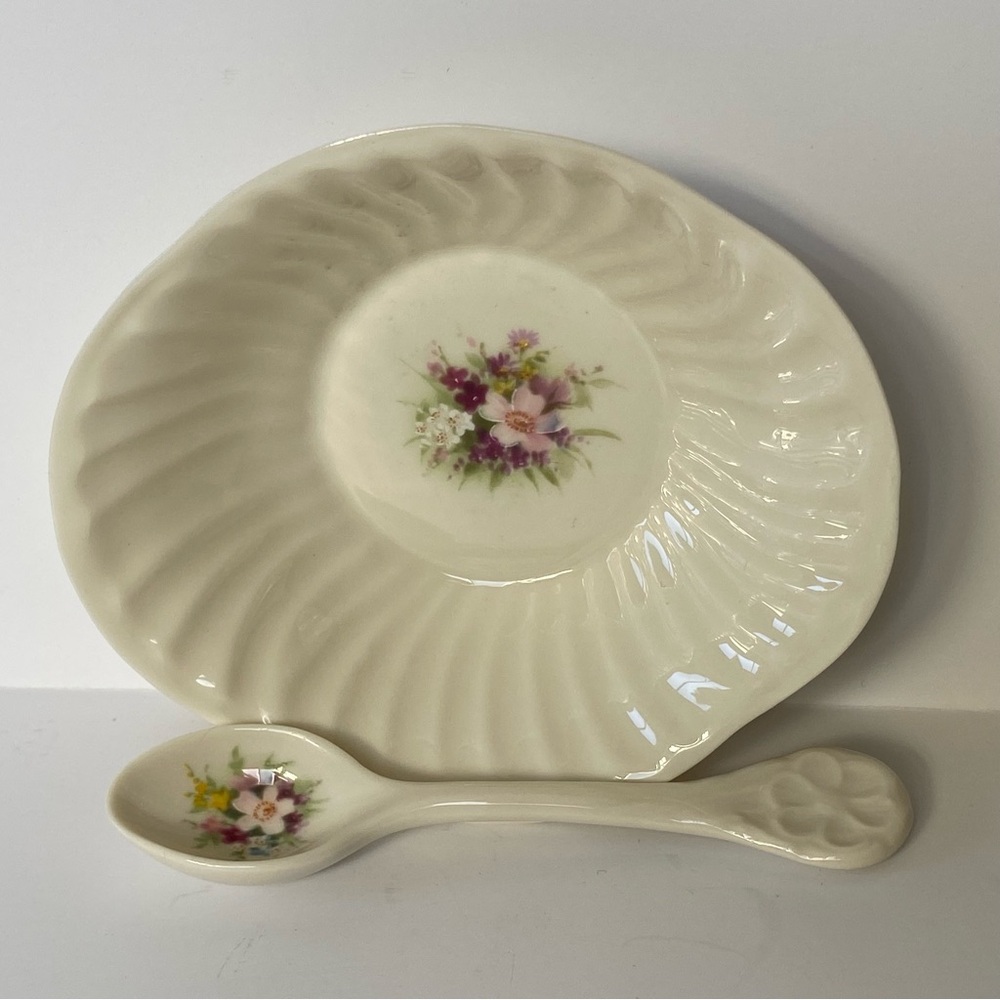 Irish Parian By Donegal China Bowl With Spoon Pink Rose Pattern 6” Rare EUC